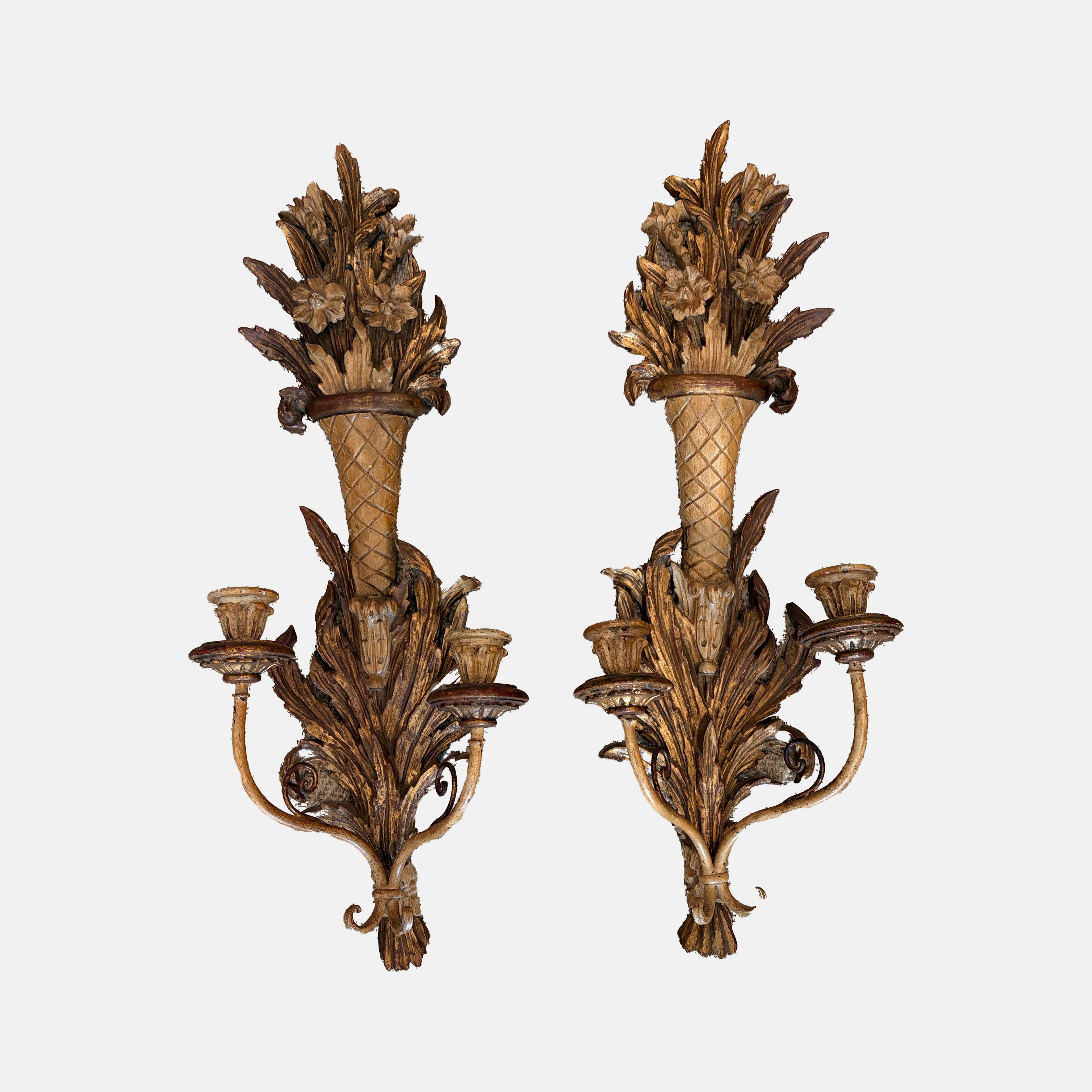 Parcel-Gilt Wooden Candle Sconces