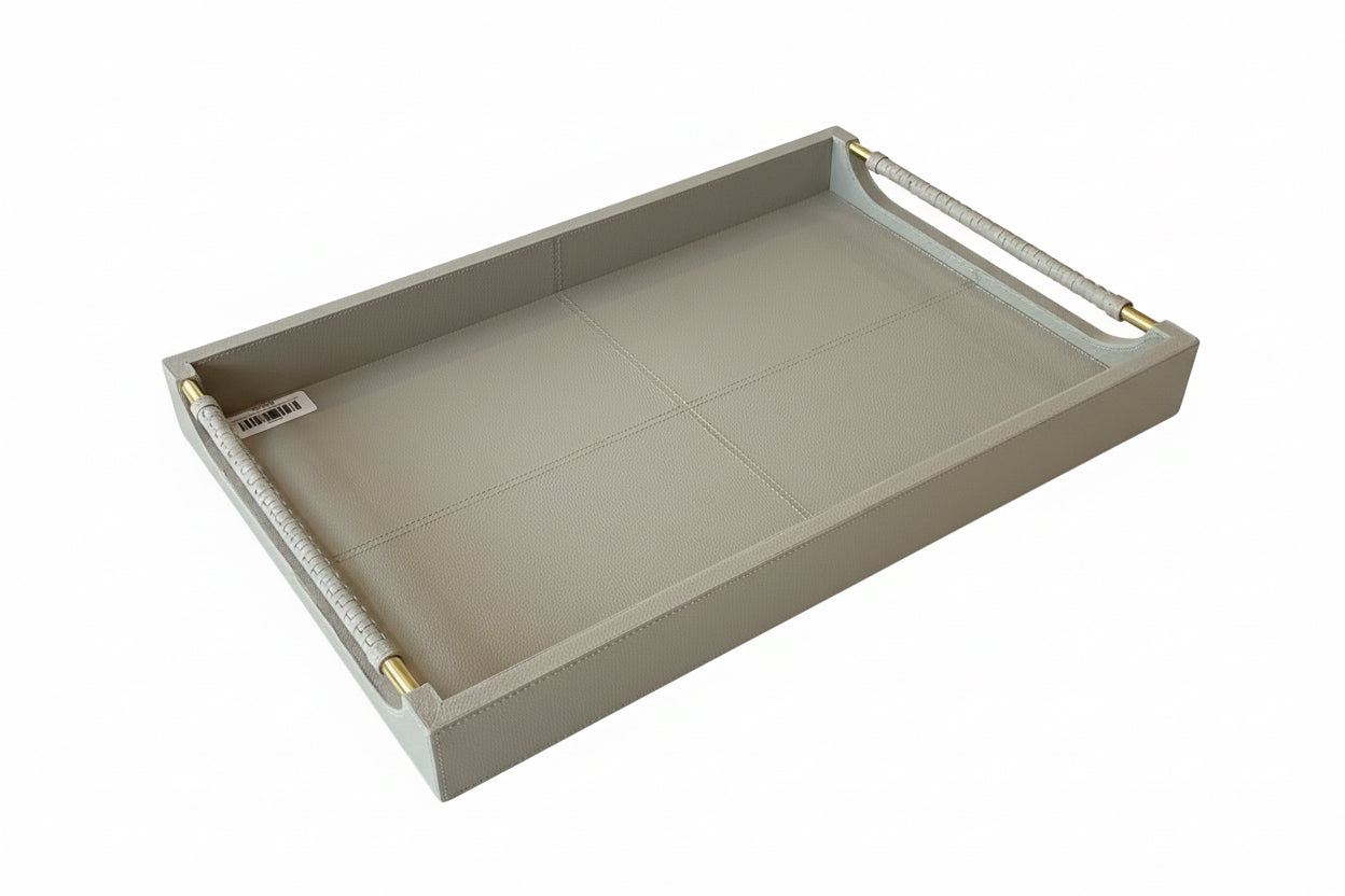 Gray Leather Tray with Stitched Handle - Large