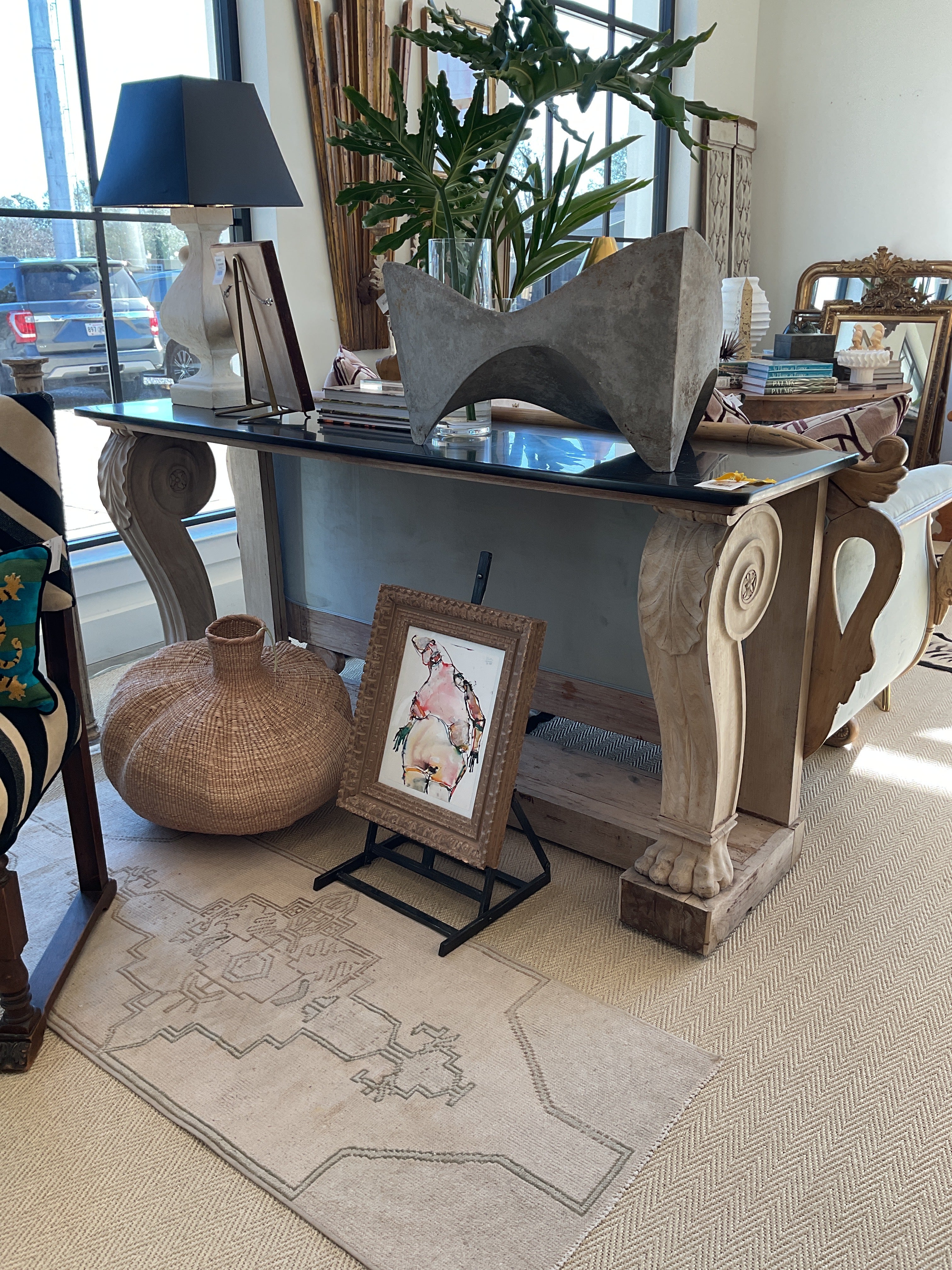 Bleached Wood Paw Console with Honed Black Marble