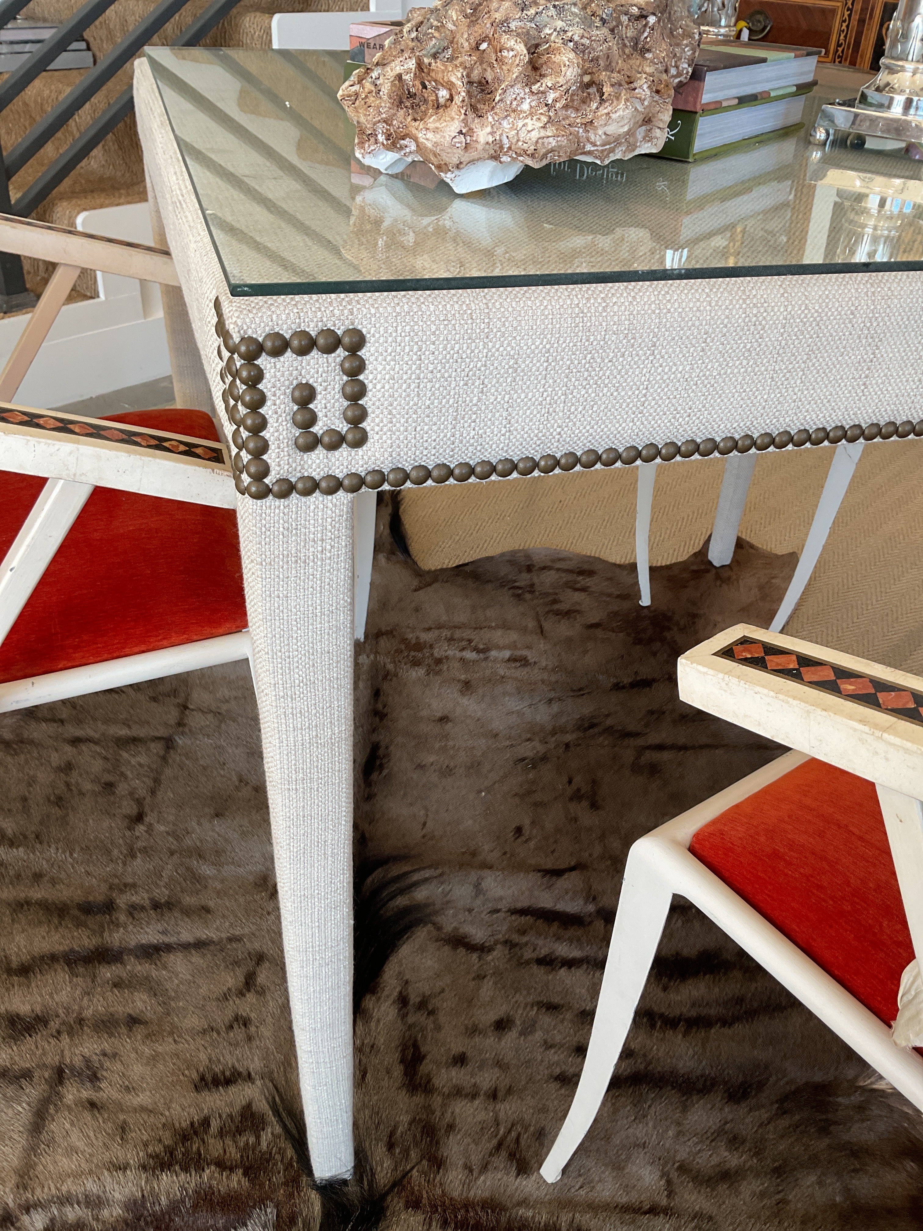 Upholstered Linen Blend Card Table with Greek Key