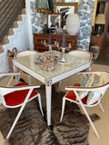 Upholstered Linen Blend Card Table with Greek Key