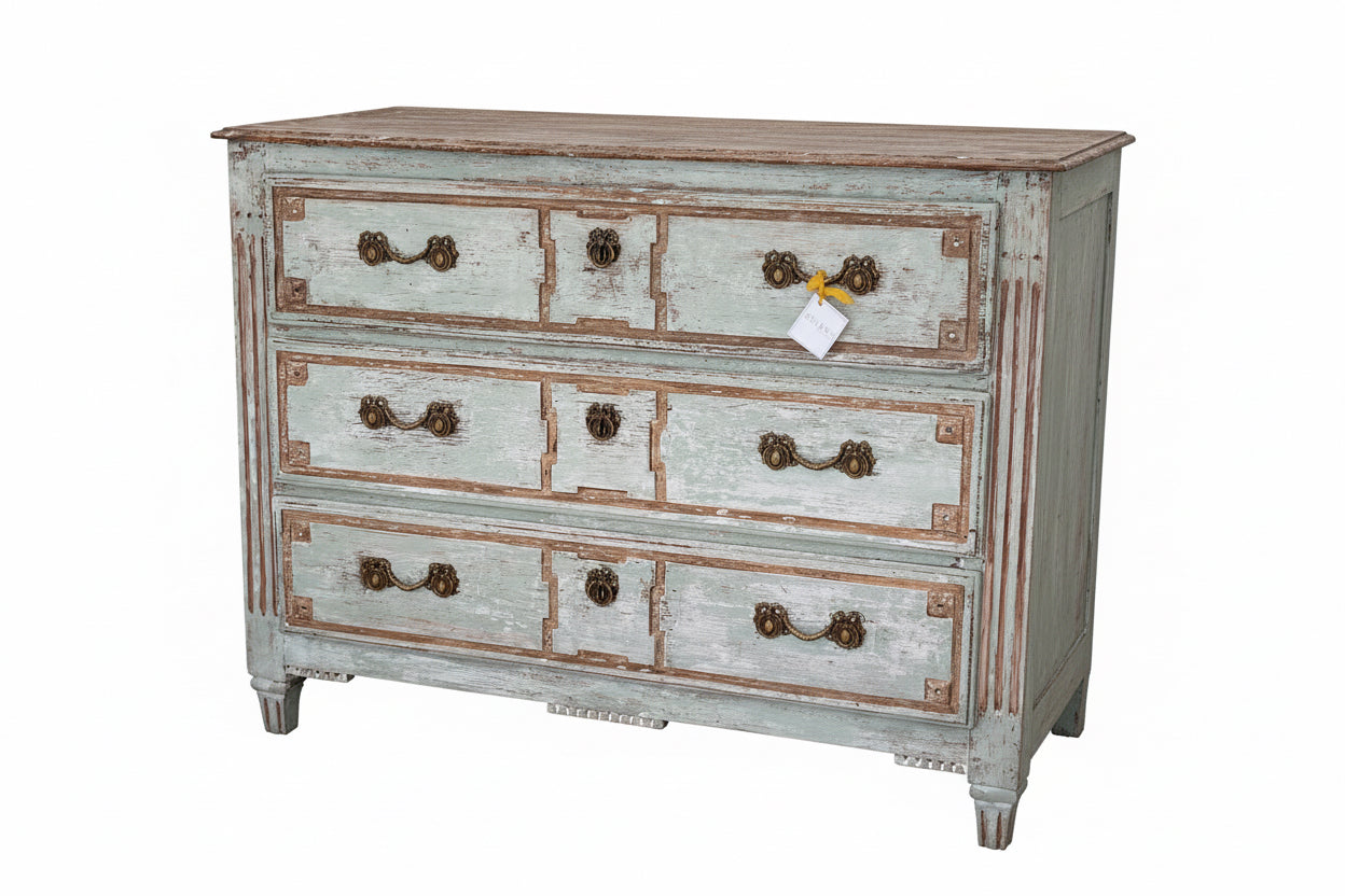 French Blue Commode with Bow Detail - 3 Drawers