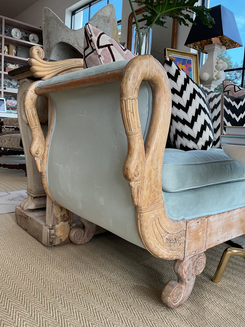 Bleached Wood Swan Sofa with Blue Velvet Upholstery