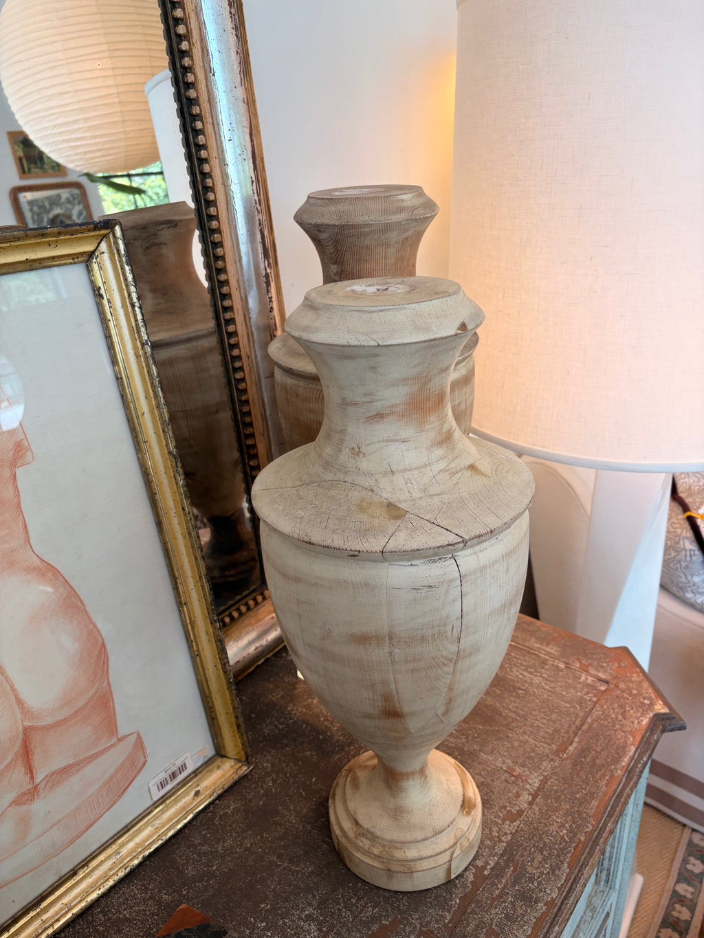 Patinated Turned Wood Urns