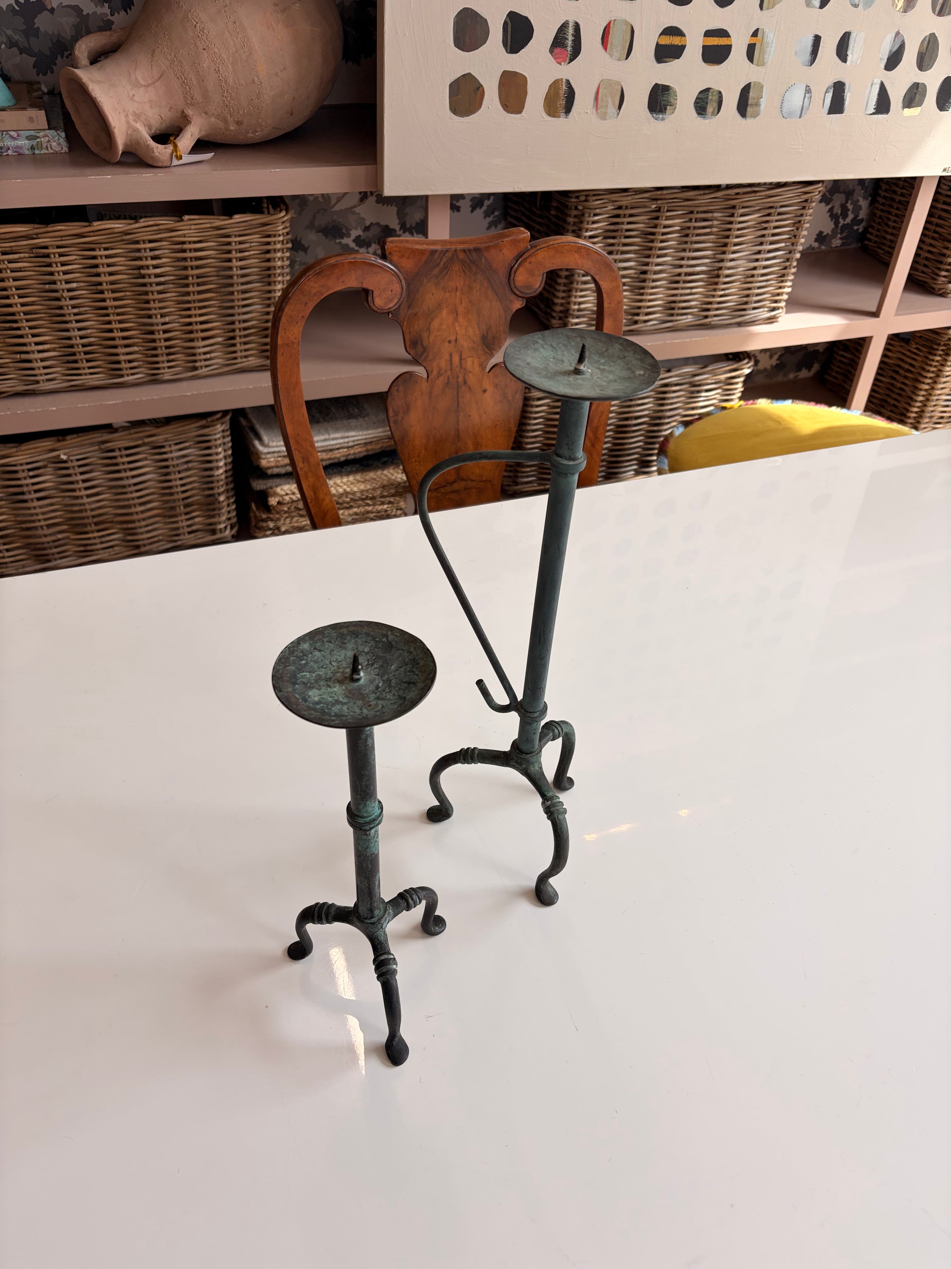 Vintage Verdigris Copper Candle Stick Holders - Pair