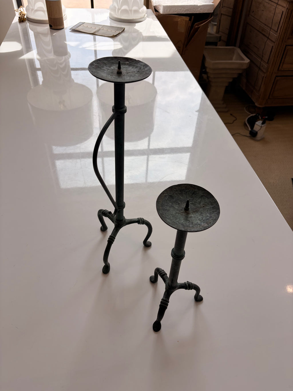 Vintage Verdigris Copper Candle Stick Holders - Pair