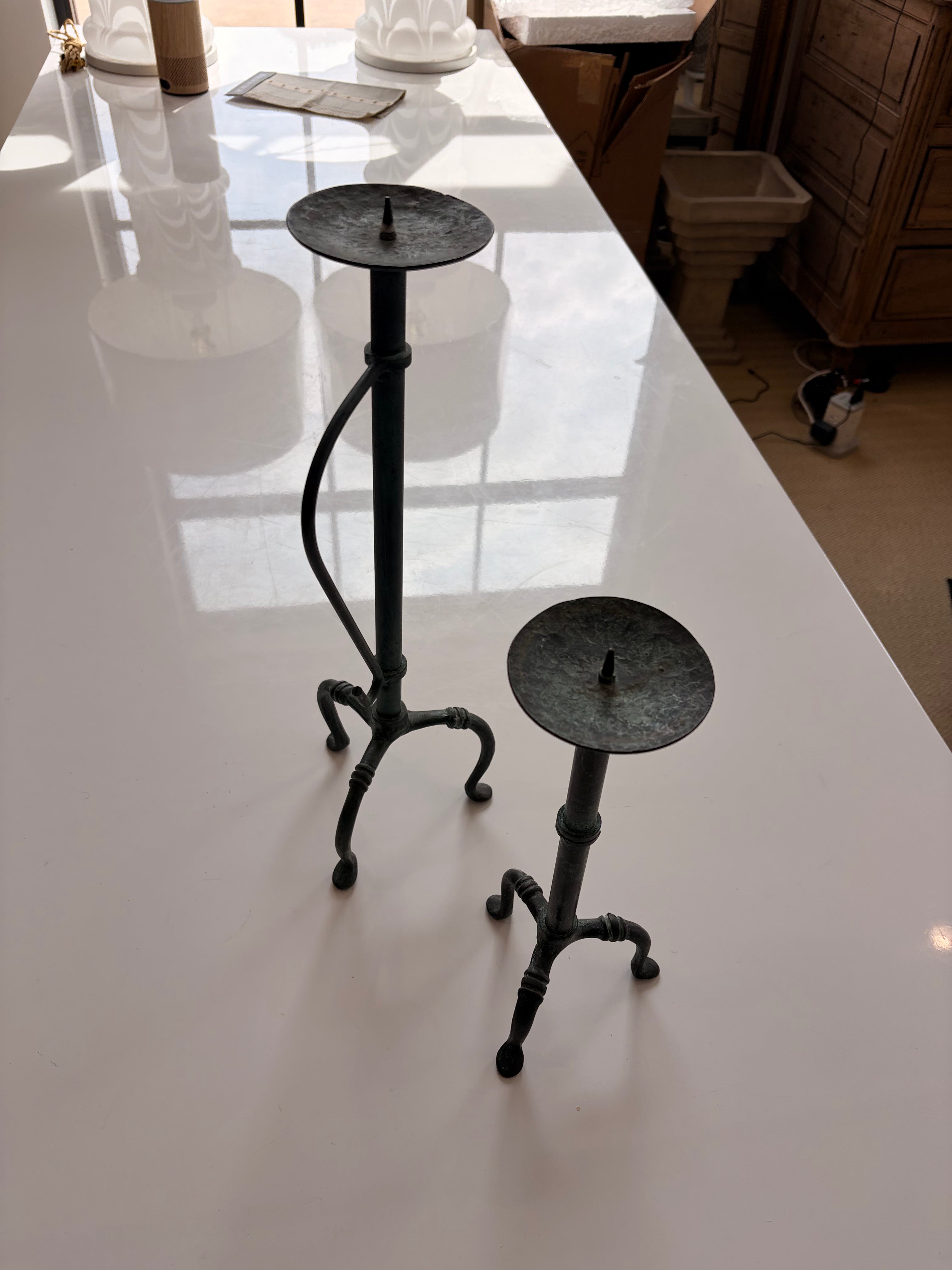 Vintage Verdigris Copper Candle Stick Holders - Pair