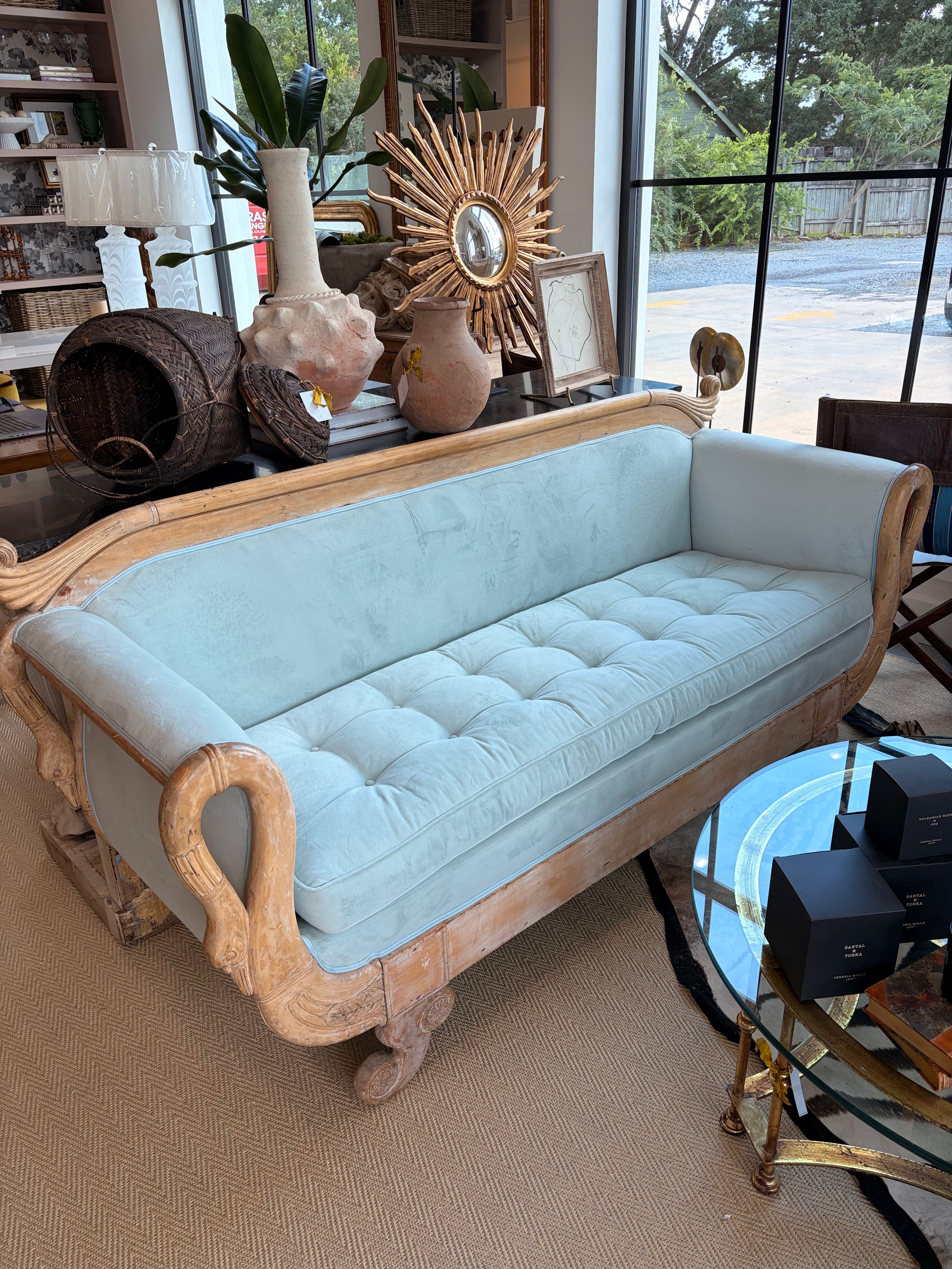 Bleached Wood Swan Sofa with Blue Velvet Upholstery