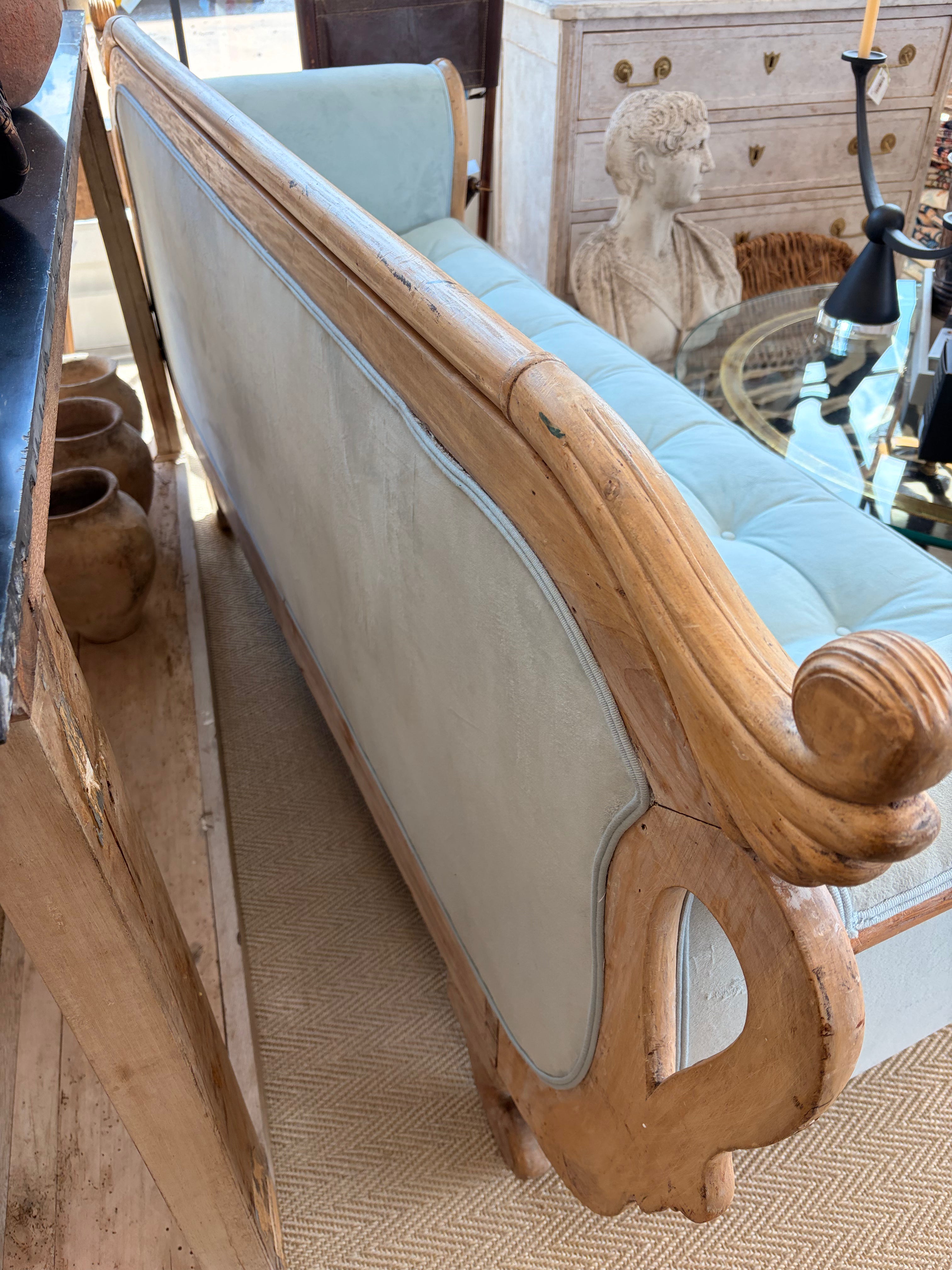 Bleached Wood Swan Sofa with Blue Velvet Upholstery