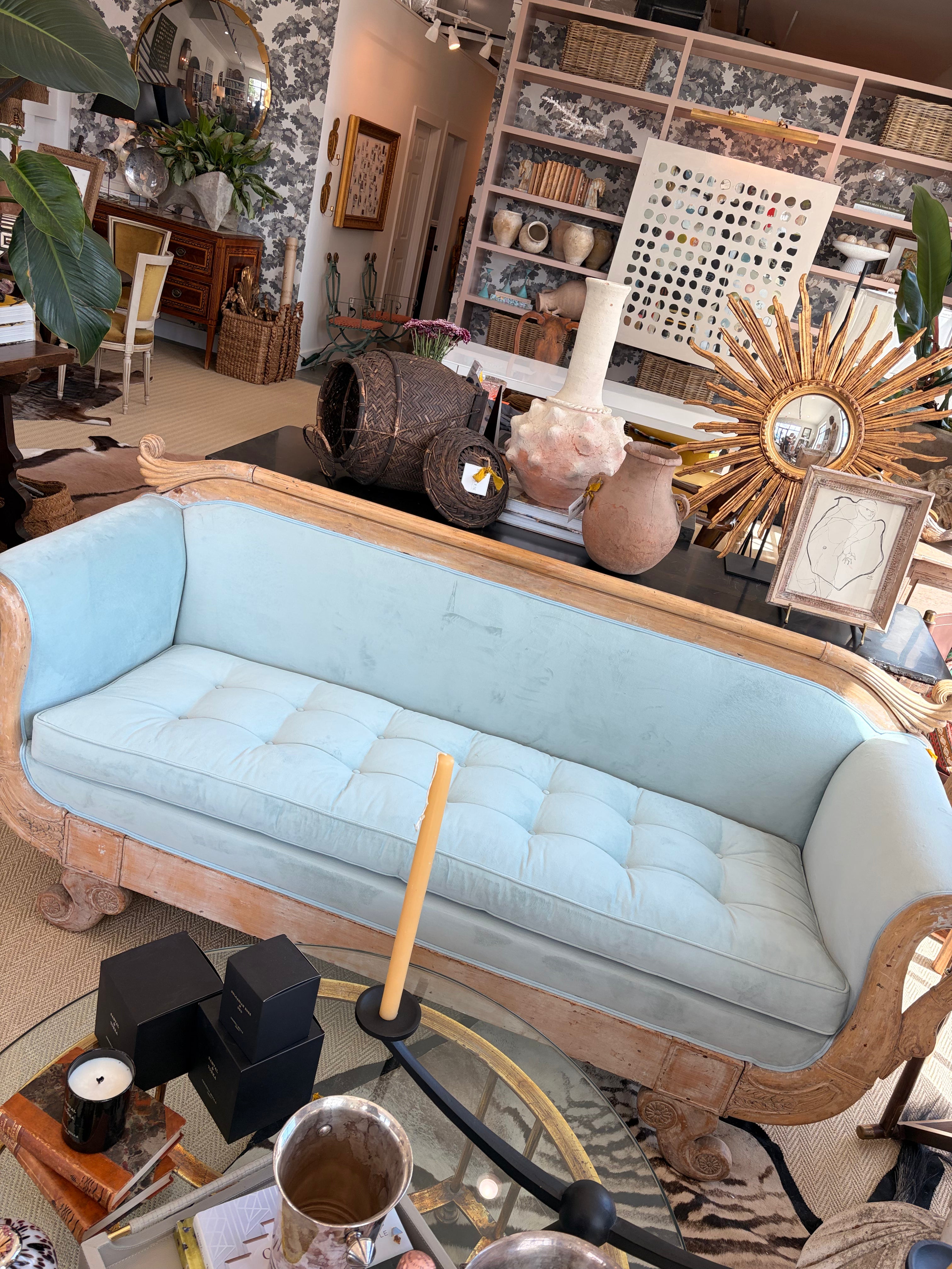 Bleached Wood Swan Sofa with Blue Velvet Upholstery
