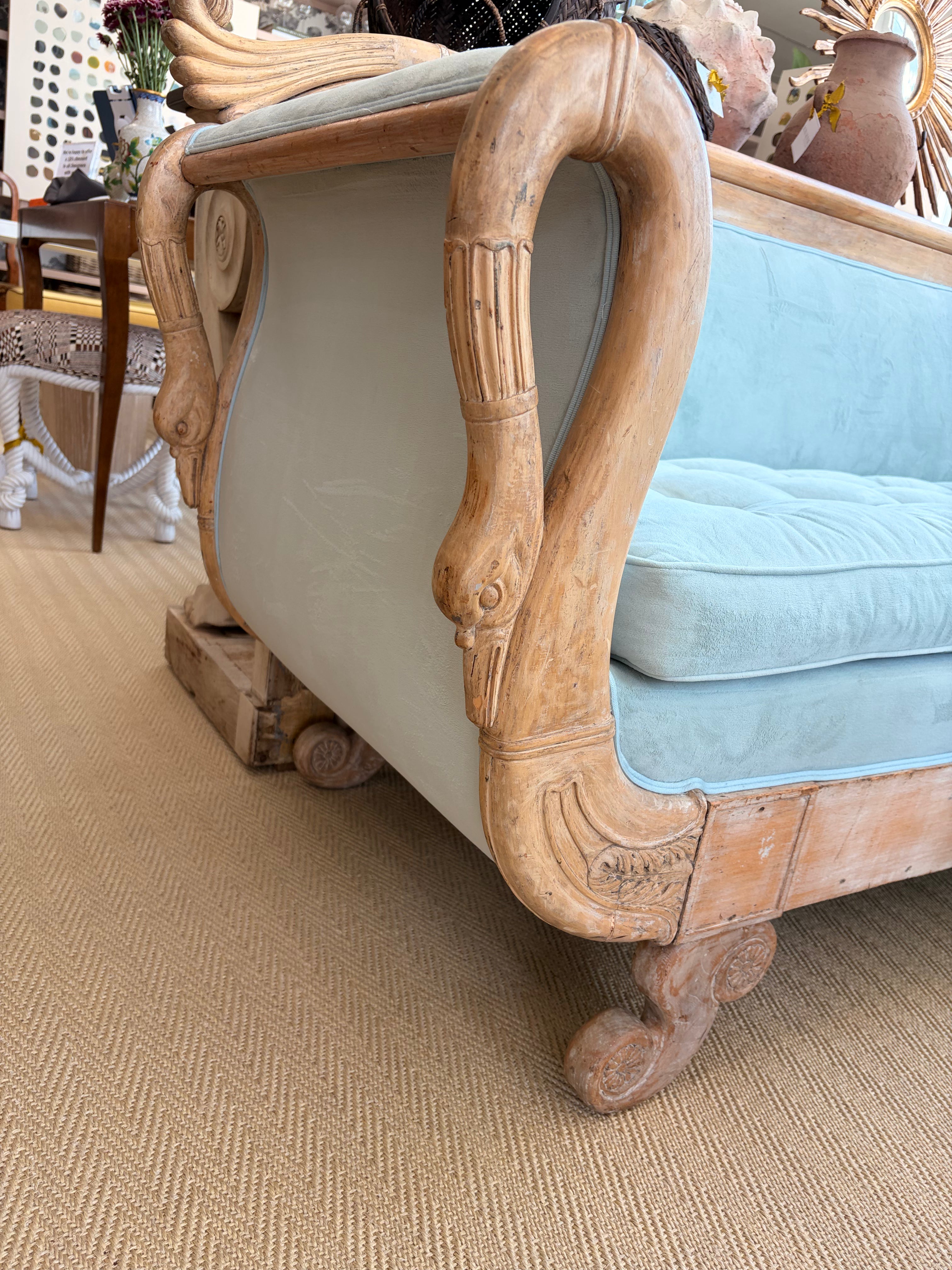 Bleached Wood Swan Sofa with Blue Velvet Upholstery