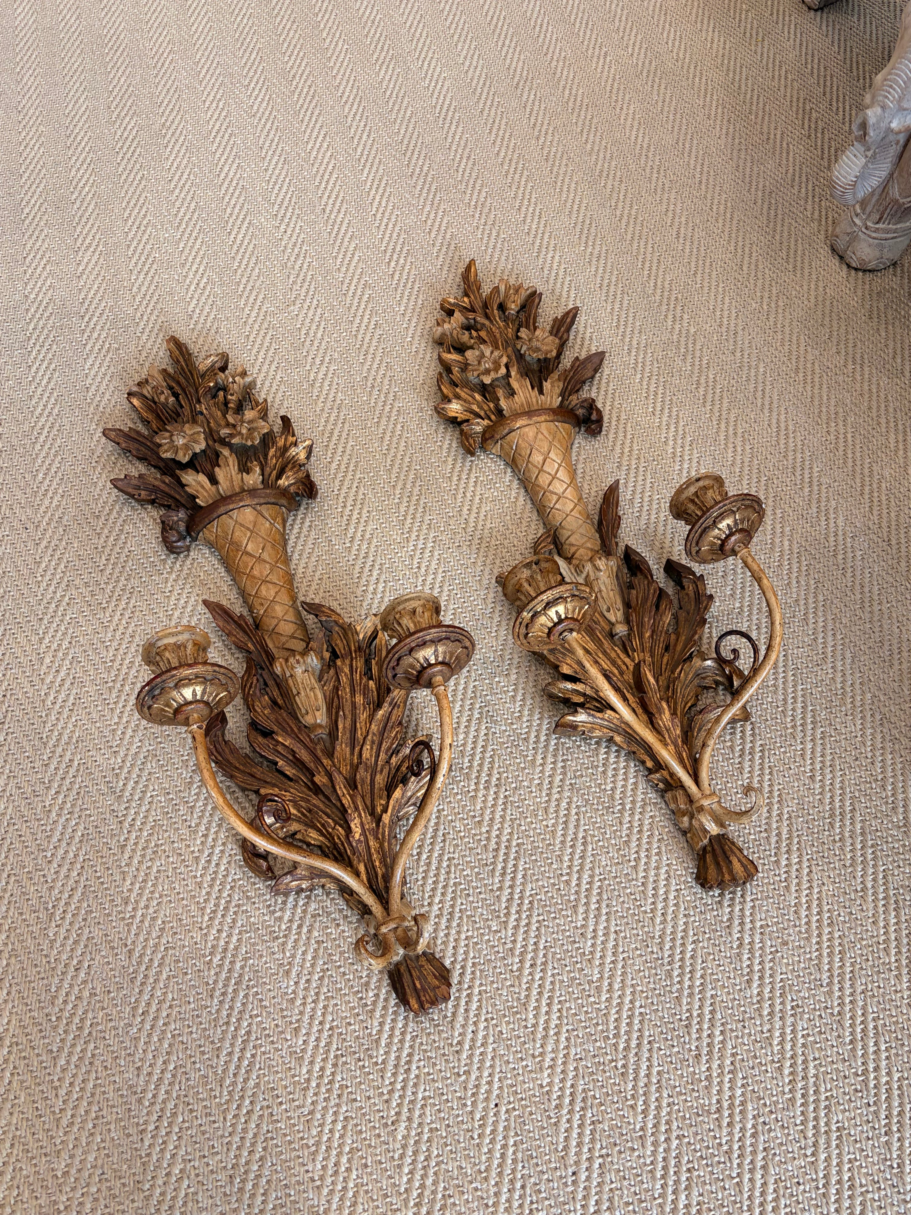 Parcel-Gilt Wooden Candle Sconces
