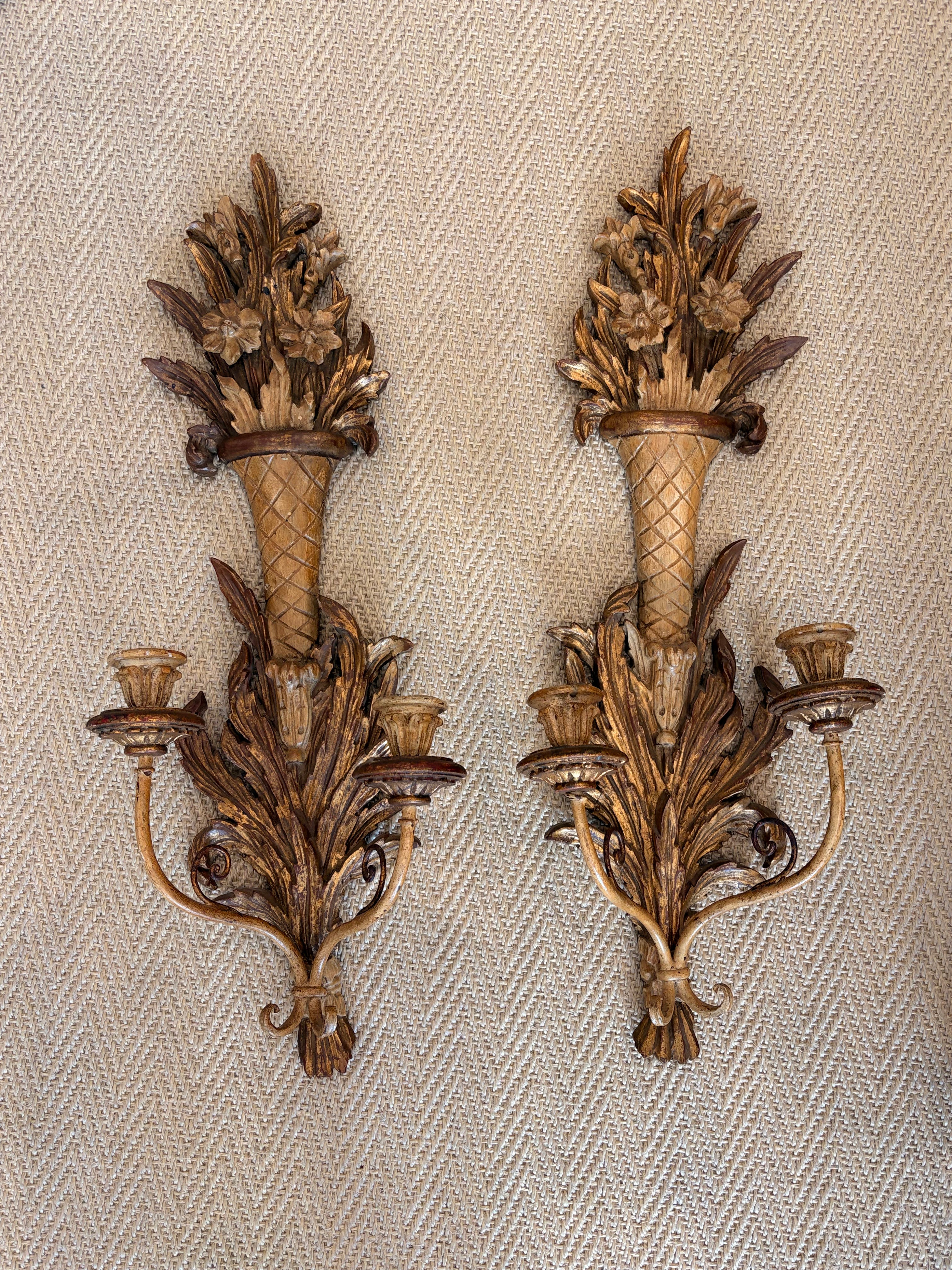 Parcel-Gilt Wooden Candle Sconces