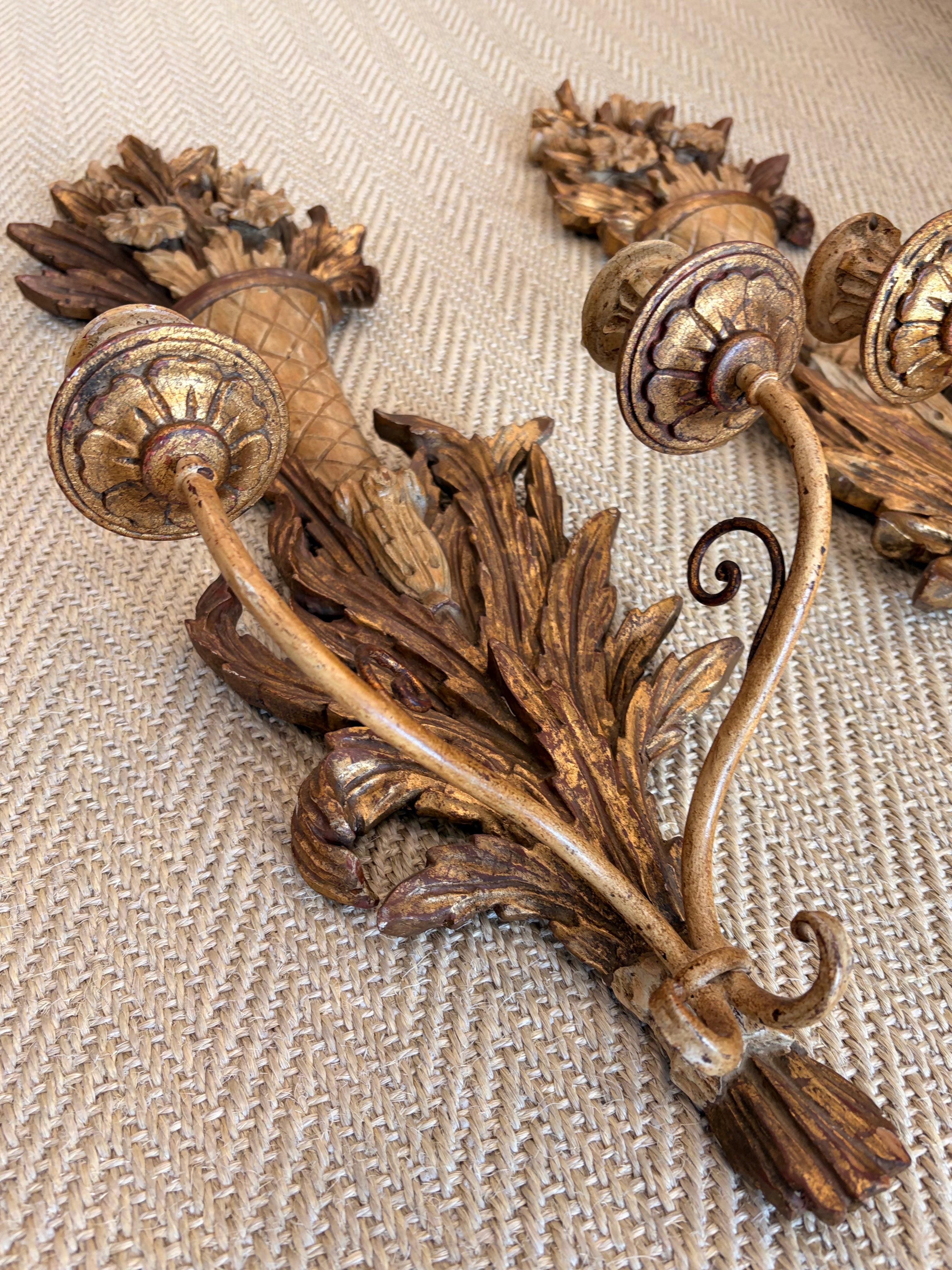 Parcel-Gilt Wooden Candle Sconces