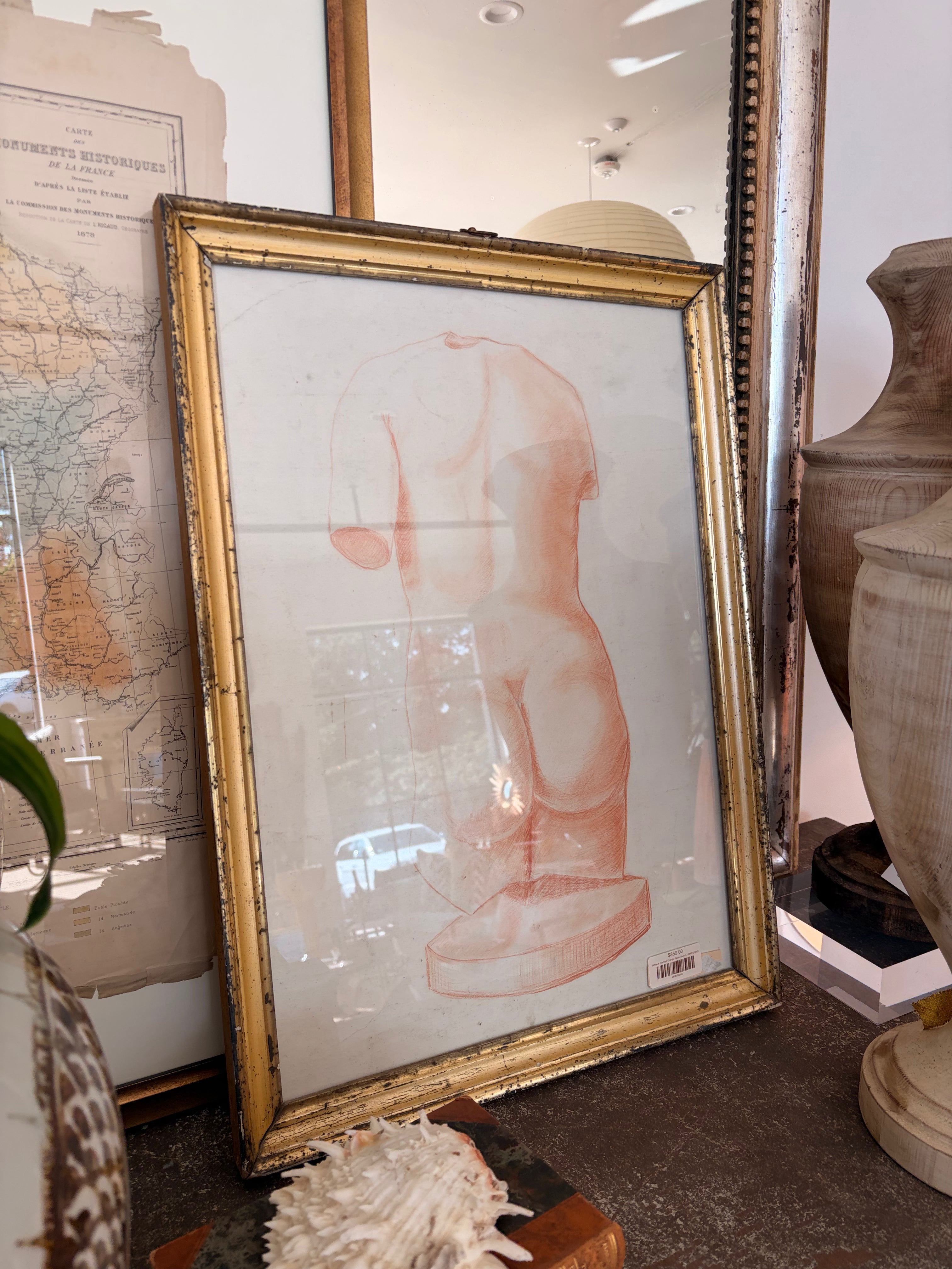Antique Framed Orange Nude Sketch