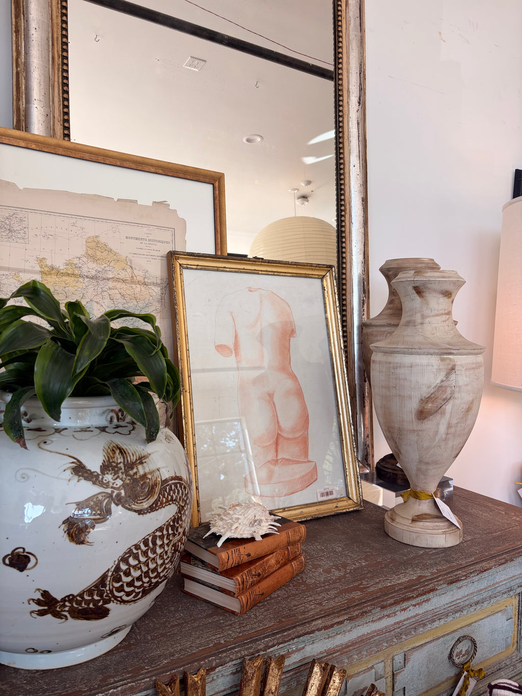 Antique Framed Orange Nude Sketch